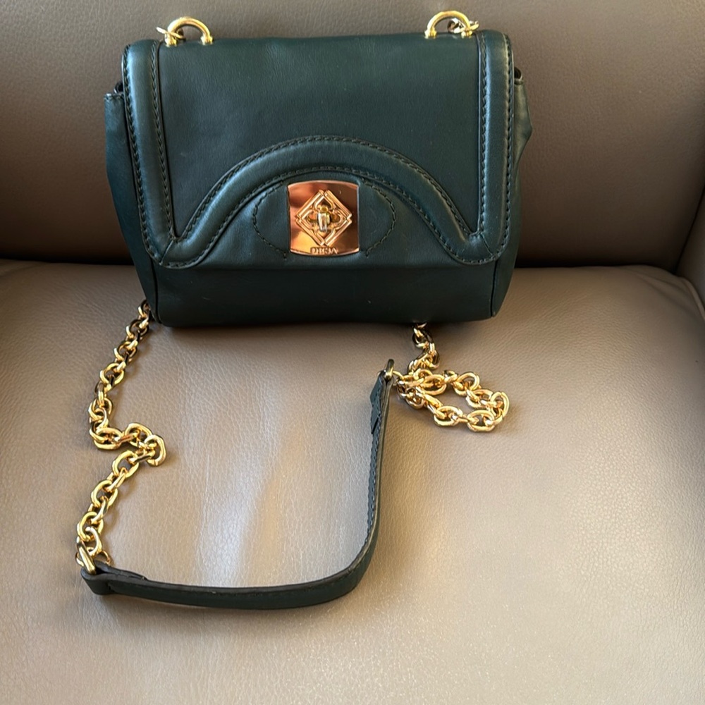 Genuine Leather Crossbody / Shoulder Bag. Dark Blue. Gold Chain. New w/otags